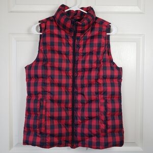 Lands End Red Navy Buffalo Plaid Down Quilted puffer Vest. Size Small